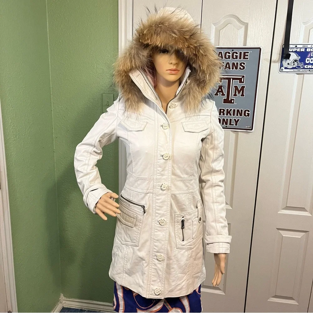 Miss Top Gun Long leather bomber jacket fur lined hooded pinup girl lined size s - Picture 1 of 12